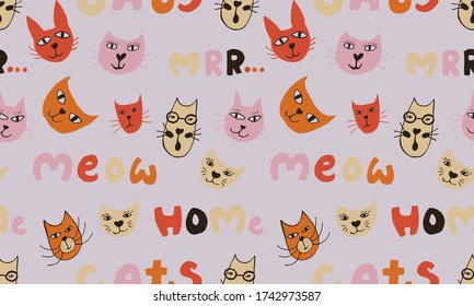 Hand drawn vector illustration of cat face. Seamless pattern with cute funny domestic animal. Simple childish drawing.