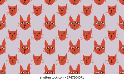 Hand drawn vector illustration of cat face. Seamless pattern with cute funny domestic animal. Simple childish drawing.