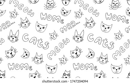 Hand drawn vector illustration of cat face. Seamless pattern with cute funny domestic animal. Simple childish drawing.