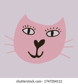 Hand drawn vector illustration of cat face. Cute funny domestic animal isolated. Simple childish drawing.