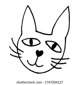 Hand drawn vector illustration of cat face. Cute funny domestic animal isolated. Simple childish drawing.