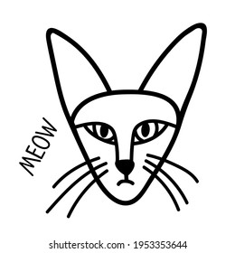 Ilustración vectorial dibujada a mano de la cara del gato con maullido de texto. Gato con orejas grandes Objetos aislados sobre fondo blanco. Concepto de diseño para niños. Diseño de caracteres de estilo de contorno