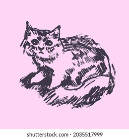 Hand drawn vector illustration with cat. Graphic vintage design.