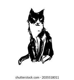 Hand drawn vector illustration with cat. Graphic vintage design.