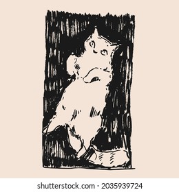 Hand drawn vector illustration with cat. Graphic vintage design.