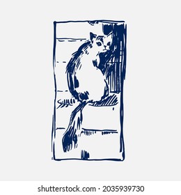 Hand drawn vector illustration with cat. Graphic vintage design.