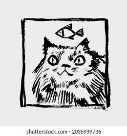 Ilustración vectorial dibujada a mano con gato. Diseño gráfico vintage.