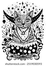 Hand drawn vector illustration with cat sitting in gifting box, moon, conifer branches and stars on white. Esoteric, gothic and mystic object or element. Halloween and New Year concept. 