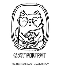 Hand drawn vector illustration cat face portrait. Cute children coloring