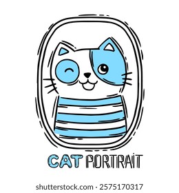 Hand drawn vector illustration cat face portrait. Cute children coloring