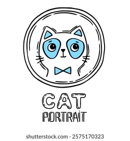 Hand drawn vector illustration cat face portrait. Cute children coloring