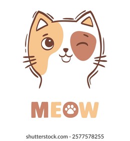Hand drawn vector illustration cat face portrait. Cute print for children coloring, greeting card, nursery poster