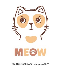 Hand drawn vector illustration cat face portrait. Cute print for children coloring, greeting card, nursery