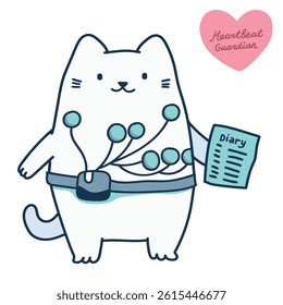 Hand drawn vector illustration of a cat with holter ECG monitor. Electrocardiogram medical healthcare image. Perfect for animal health themes and Veterinary designs. Funny pet concept.