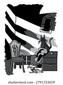 Hand drawn vector illustration of a cat sitting in a messy room with broken objects. Sunlight enters through a window in narrow beams while the room remains dark with deep shadows. Black and white ink and watercolor style illustration isolated on a white background.