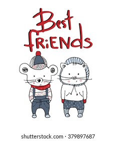 hand drawn vector illustration of cat& mouse with lettering"best friends"/can be used as kid's or baby's shirt design/fashion print design
