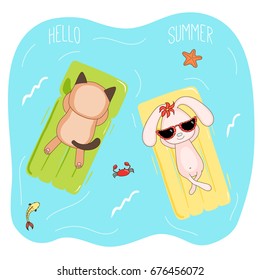 Hand drawn vector illustration of a cat and bunny in sunglasses floating in the sea on inflatable air mattresses, with fish, starfish and crab, text Hello Summer. Isolated objects. Design concept.