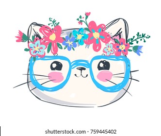 Hand Drawn Vector Illustration of Cat with glasses, print design, children print on t-shirt girl.