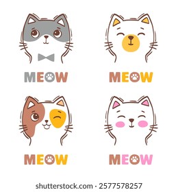 Hand drawn vector illustration of cats face portrait. Set of cute prints for children coloring, greeting card, nursery poster