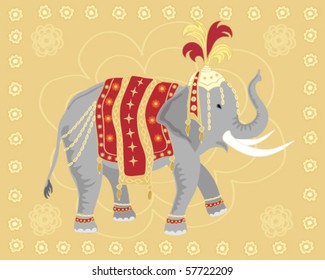 a hand drawn vector illustration of a ceremonial elephant decorated with feathers ornate cloth and jewelery on a gold background