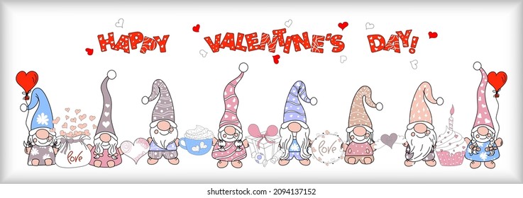 Dibujo manual de ilustraciones vectoriales personajes gnomos dulces con amor de palabra para Feliz Día de San Valentín. Estilo de caricatura. Ilustración vectorial. Es bueno para la tarjeta de saludo, banner, invitación, pegatina, fondo.