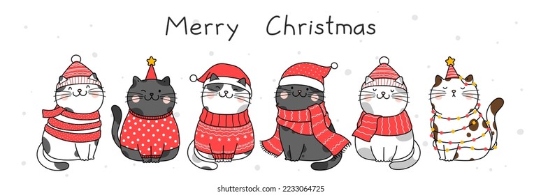 Dibujo manual de ilustración vectorial diseño de personaje lindo gato gracioso para navidad y año nuevo. Estilo de dibujo animado Doodle