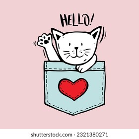 Hand Drawn vector illustration character design collection cute cats in pocket Doodle cartoon style