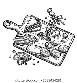 Hand drawn vector illustration of charcuterie board, cheeses, restaurant appetizer, Spanish food