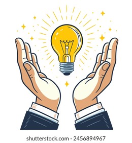 Hand drawn vector illustration in a charming doodle style, depicting a whimsical light bulb glowing above open palms, representing the spark of a new idea, creativity, and inspiration.