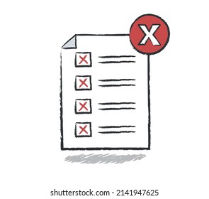 Ilustración vectorial dibujada a mano de la lista de verificación. La lista de comprobación tiene todas las respuestas erróneas marcadas