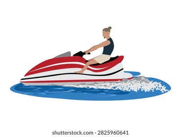 Hand drawn vector illustration of a cheerful young man riding a water scooter during active recreation on a white background