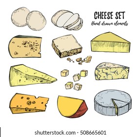 Hand drawn vector illustration. Cheese set (mozzarella, gouda, parmesan, maasdam). Isolated on white background. Design elements in sketch style. Perfect for packaging, menu, cards, blogs