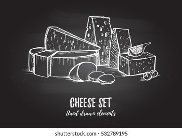 Hand drawn vector illustration. Cheese set (mozzarella, gouda, parmesan, maasdam). Design elements in sketch style. Perfect for packaging, menu, cards, blogs