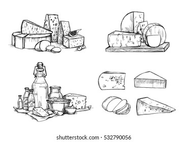 Hand drawn vector illustration. Cheese and milk set (mozzarella, gouda, parmesan, maasdam). Design elements in sketch style. Perfect for packaging, menu, cards, blogs