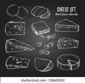 Hand drawn vector illustration. Cheese set (mozzarella, gouda, parmesan, maasdam etc). Design elements in sketch style. Perfect for packaging, menu, cards, blogs, banners