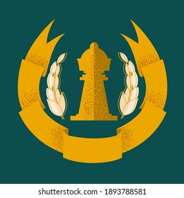 Hand drawn vector illustration. Chess tournament logo, banner with wreath and queen in the middle. Chess gambit school (club) sign with piece.