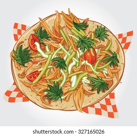 Hand drawn vector illustration of a Chicken Taco with lettuce, iceberg, coriander, tomatoes and chicken on serving paper.