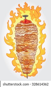 Hand drawn vector illustration of chicken  kebab on pole with flames behind.