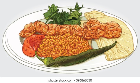Hand drawn vector illustration of a Chicken Shish Kebab dish with cracked wheat pilaf, parsley, grilled tomato, grilled green pepper and flatbread / lavash on a plate.