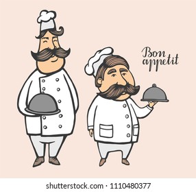 Hand drawn vector illustration of chief-cooker with a mustache in a white dress with a dish. chief-cooker  logo.
