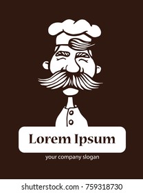 Hand drawn vector illustration of chief-cooker with a mustache in a white dress. chief-cooker head logo. 