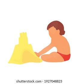 Dibujo manual vectorial de niños construye un castillo de arena en la playa diseño simple