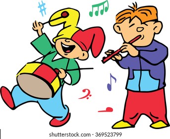 Hand drawn. Vector illustration. Children playing on a drum and flute at the carnival. Isolated objects. 