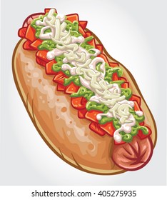 Hand drawn vector illustration of a Chilean Hot Dog, known as a Completo with chopped tomatoes, mayonnaise, avocado sauce and sauerkraut.