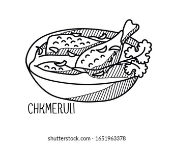 Hand drawn vector illustration of Chkmerui. Doodle isolated on white background with hand written title of the dish.