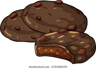 Hand drawn vector illustration of chocolate cookies with nuts and a soft caramel center