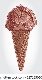 Hand drawn vector illustration of Chocolate Ice Cream on a cone.