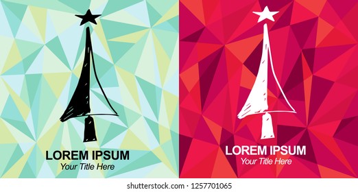 Hand Drawn Vector Illustration of Christmas Tree Stars with Green and Red Polygon Geometric Background