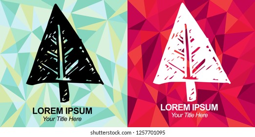 Hand Drawn Vector Illustration of Christmas Tree Stars with Green and Red Polygon Geometric Background