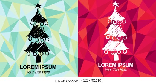 Hand Drawn Vector Illustration of Christmas Tree Stars with Green and Red Polygon Geometric Background